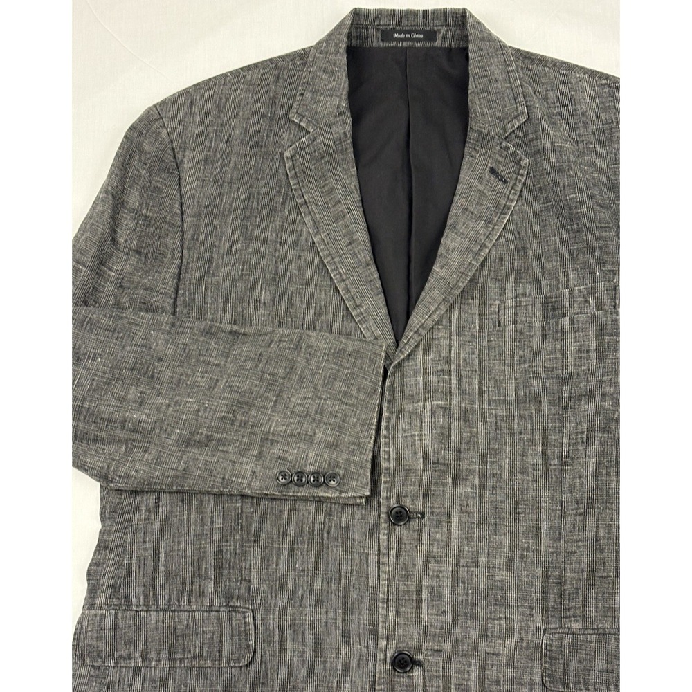 VTG Calvin Klein 100% Linen Sport Coat 44R Gray Plaid Semi-Structured Semi-Lined